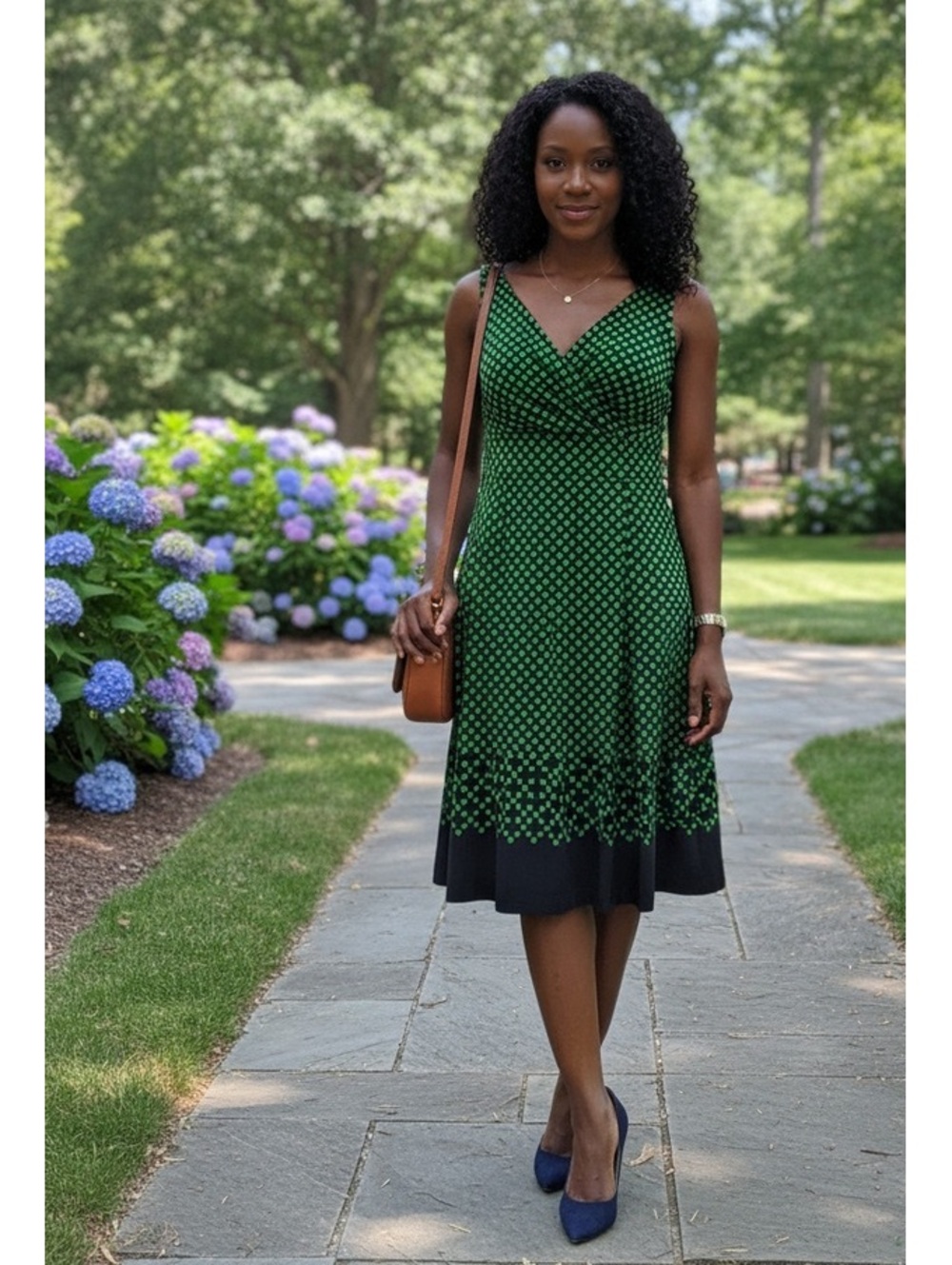 Lands' End Green and Navy Polka Dot Sleeveless Dress Size S